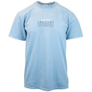 Arched utah state usu light blue unisex t-shirt